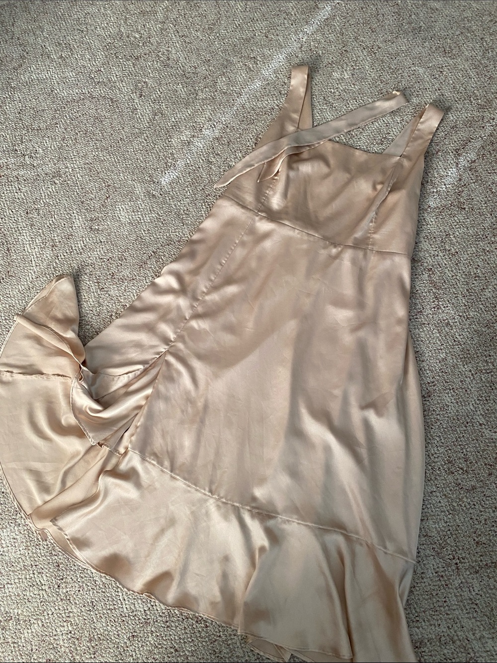 Show Me Your Mumu Formal Side Slit Ruffle Silky Women's Slip Dress in Champagne